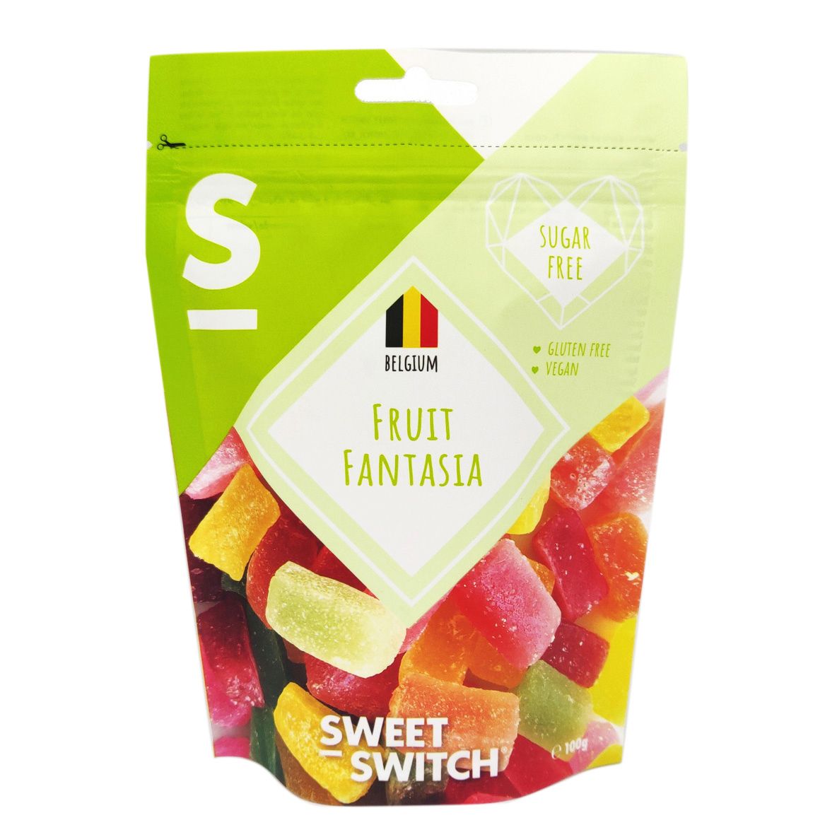 Verpackung mit Fruchtgummis. Aufschrift "Fruit Fantasia", "Sugar Free", "Gluten Free", "Vegan". Marke: Sweet Switch. Herkunftsland: Belgien.