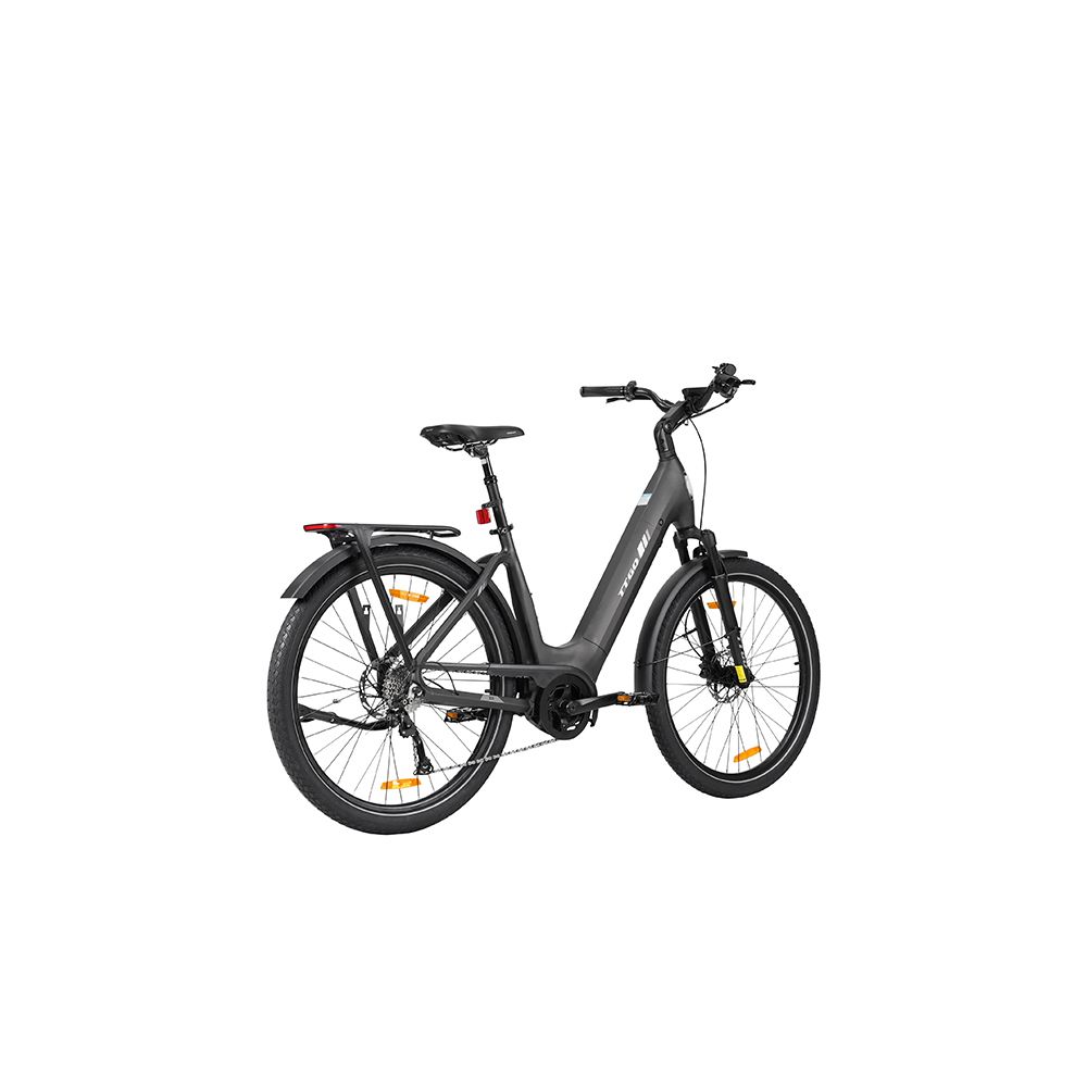 Graues Elektrofahrrad mit schwarzen Reifen und Schutzblechen. Gepäckträger hinten. Gelbe Reflektoren an den Rädern.