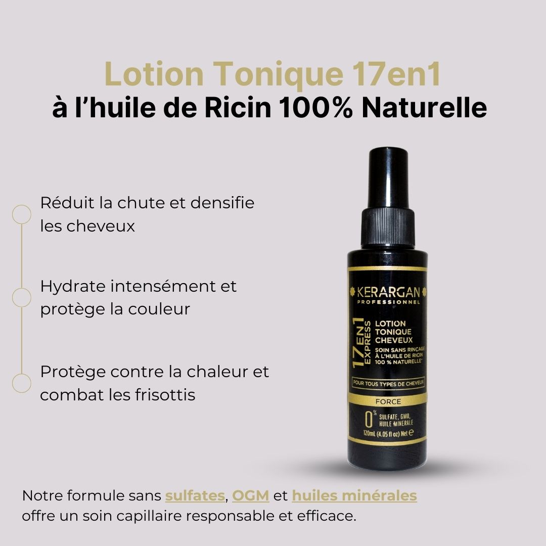 Flacon de produit avec texte. Lotion Tonique 17en1 à l'huile de Ricin 100% Naturelle. Flacon noir avec texte jaune.