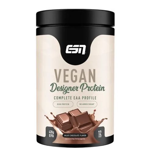 ESN Vegan Designer Protein-Dose. Schwarzer Deckel, weißes Etikett mit Logo und Produktbezeichnung. Schokoladen-Darstellung.
