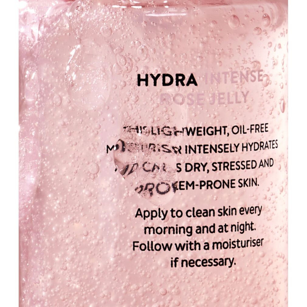 Nahaufnahme des Mádara SOS Hydra Intense Rose Jelly Pumpspenders, Text sichtbar.