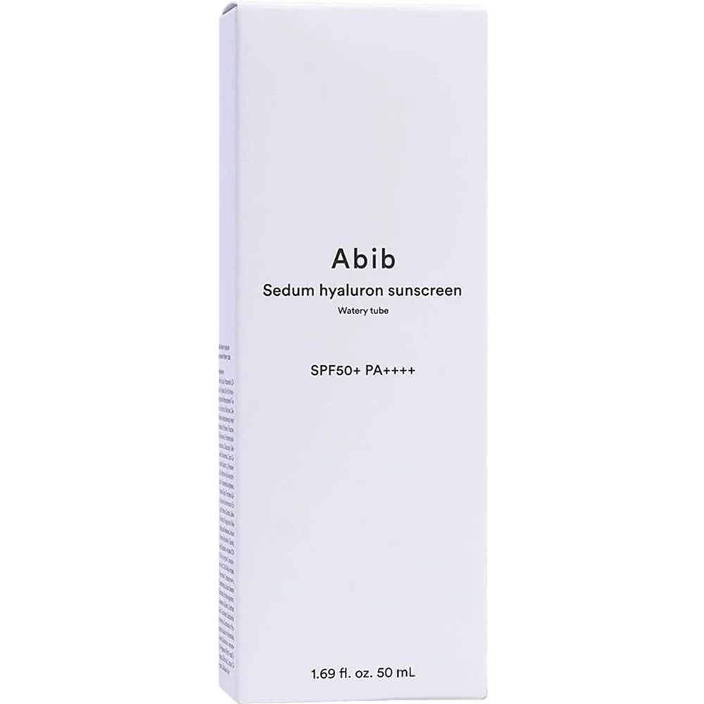 Weiße Verpackung für Abib Sedum Hyaluron Sonnenschutz, SPF50+ PA++++, 50 ml.