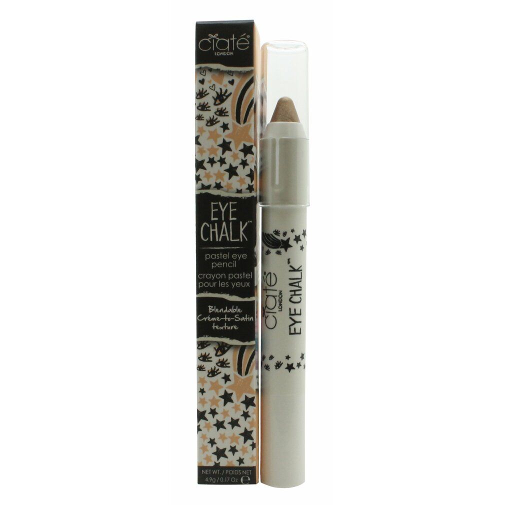 Augen-Pastellstift mit Verpackung. Weißer Stift mit transparenter Kappe. Schwarze Verpackung mit Sternenmuster und Produktbezeichnung.