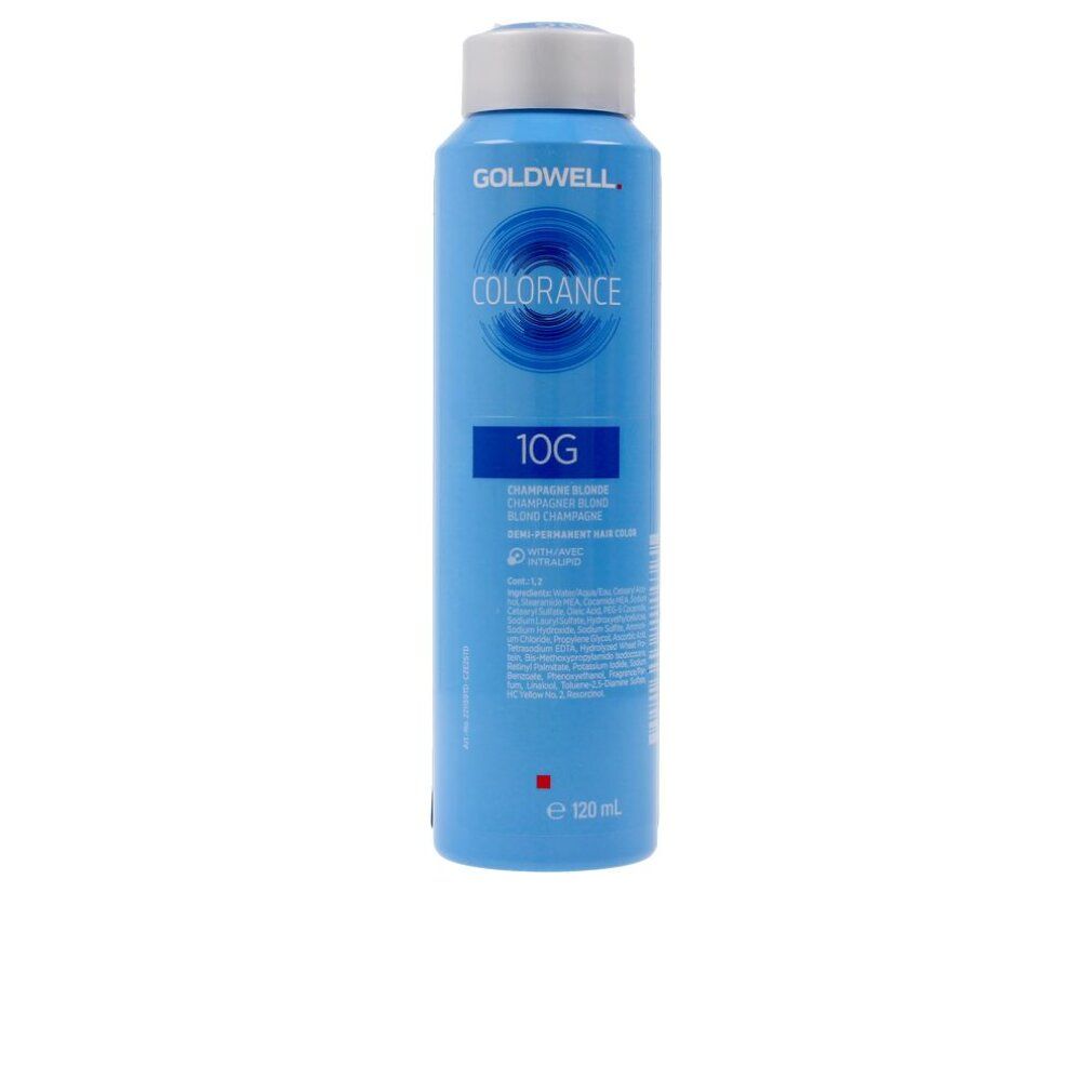 Flasche COLORANCE Haarfarbe, blau. Aufschrift: GOLDWELL, COLORANCE, 10G. Enthält 120 ml.