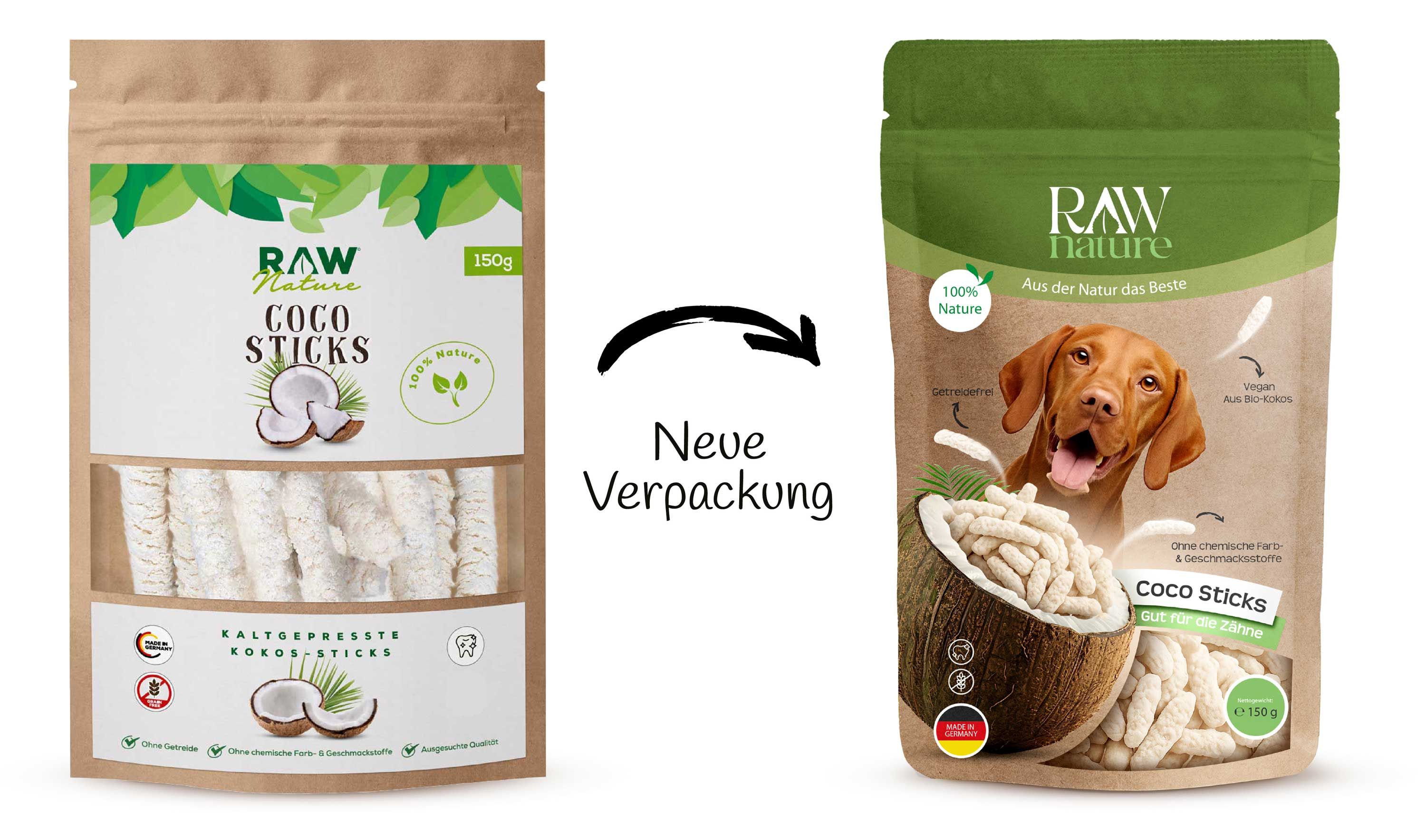 Vergleich von zwei Verpackungen Kokos-Sticks. Links: alte Verpackung. Rechts: neue Verpackung.