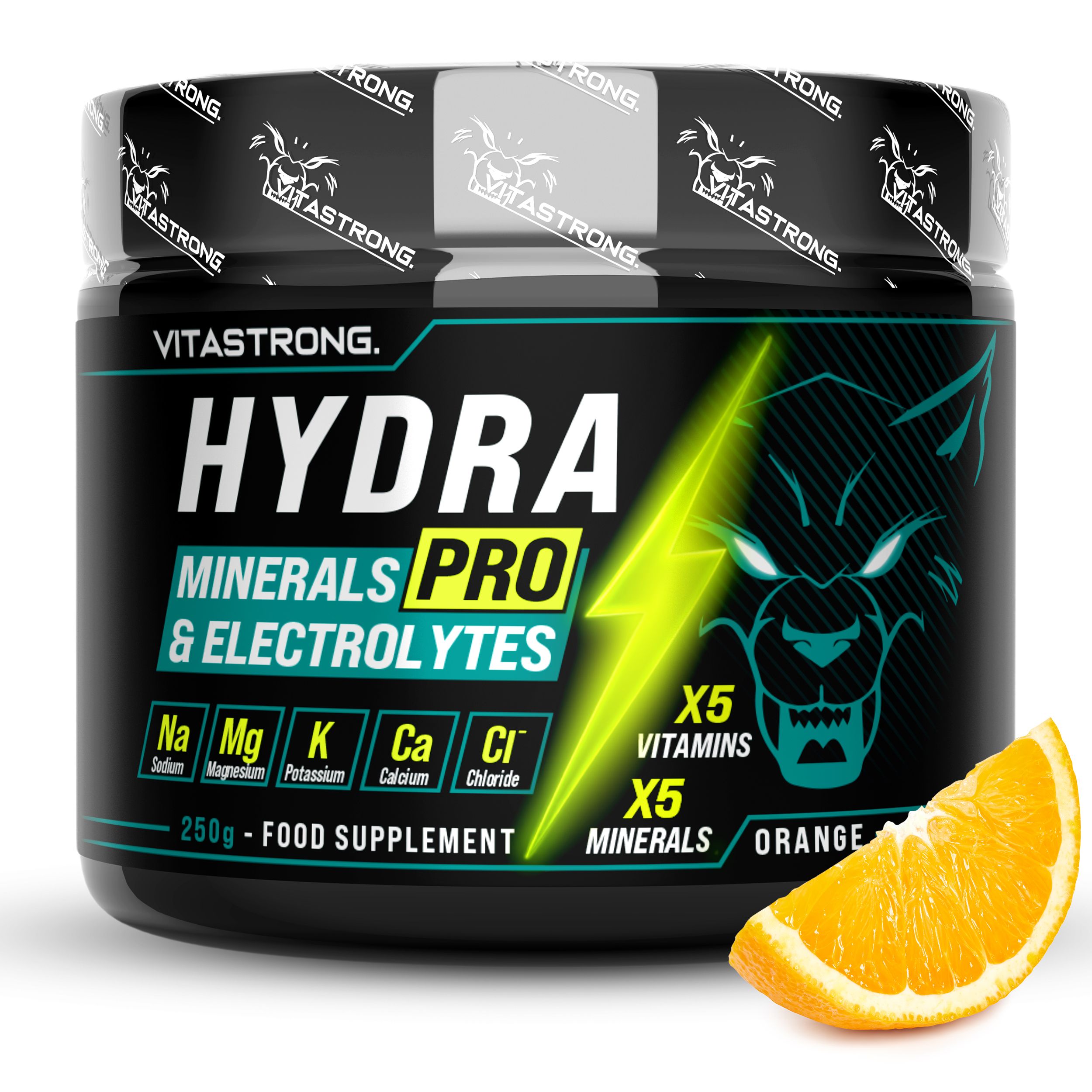 Dose Vitastrong Hydra Pro. Orange. Text: Mineralien und Elektrolyte. 250g. Gelber Blitz. Orange-Scheibe.