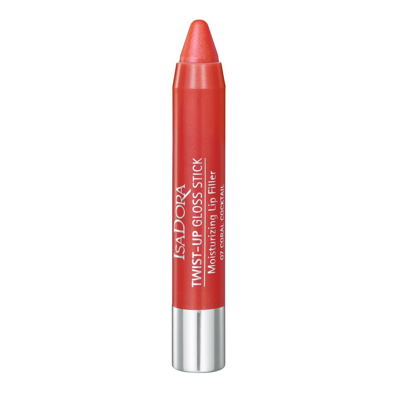 Roter Lippenstift-Stift. Aufschrift: IsaDora Twist-Up Gloss Stick, Moisturizing Lip Filler, 07 Coral Cocktail.