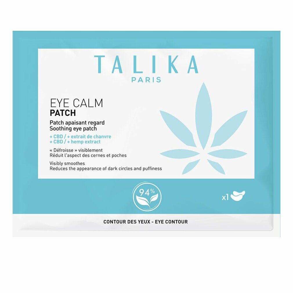 Rückseite der Talika Eye Calm Patch Verpackung. Enthält Inhaltsstoffe, Anweisungen und QR-Code. Text in mehreren Sprachen.