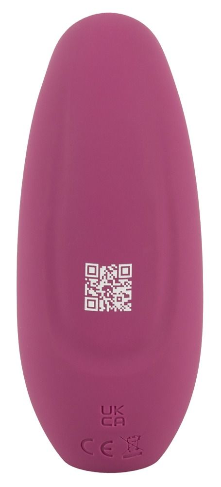 Rosa Stimulator. Rückseite mit QR-Code und CE-Kennzeichnung.