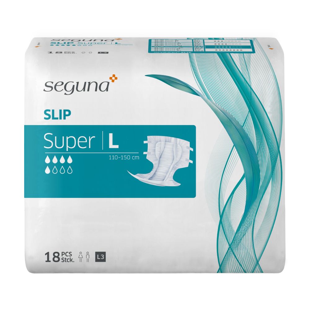 Verpackung von SEGUNA Slip Super L. Enthält 18 Stück. Aufdrucke: SEGUNA, SLIP, Super L, 110-150 cm, L3.