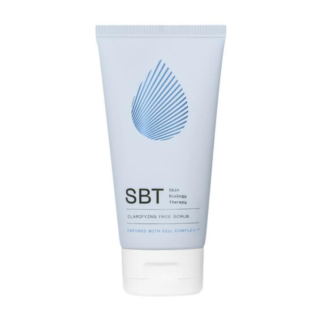 Hellblaue Tube mit weißem Deckel. Aufschrift: SBT Clarifying Face Scrub. Tropfen-Logo.