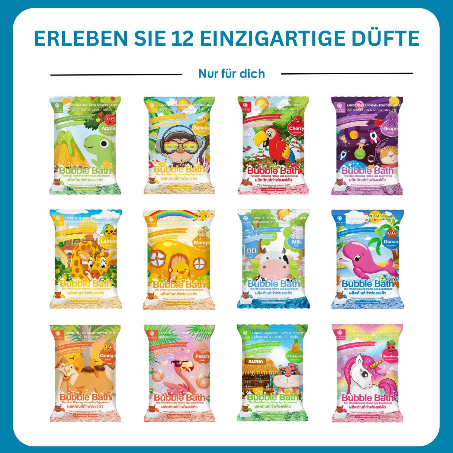 12 verschiedene Produktverpackungen. Text: Bubble Bath. Verschiedene Designs. Marke: Saboo.