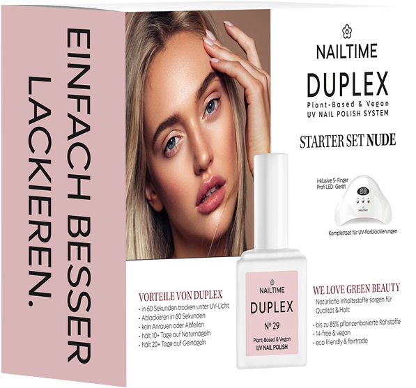 Nailtime Duplex Starter Set Nude. Enthält Nagellack und UV-Lampe. Verpackung mit Produktabbildung und Text: Einfach besser lackieren.