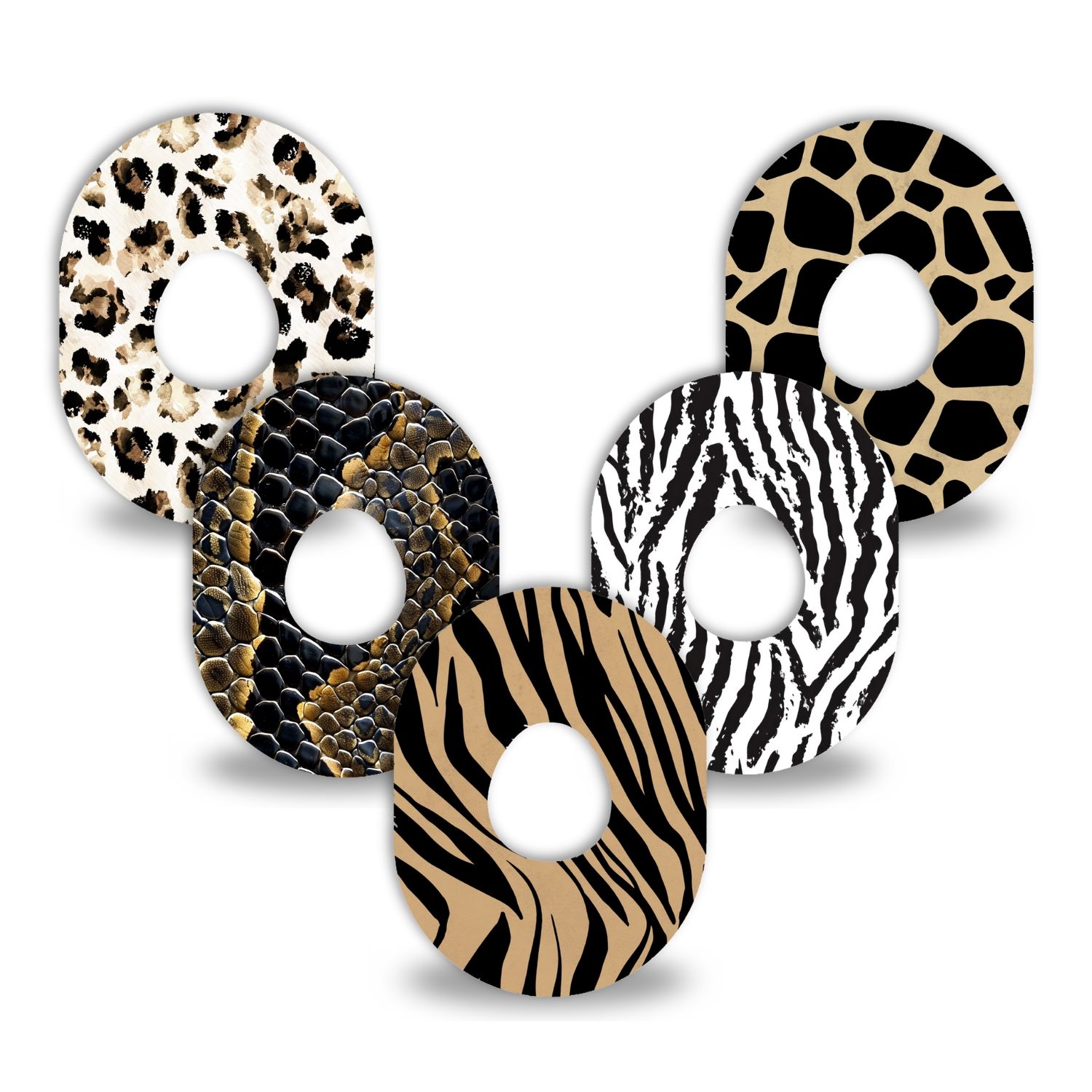 Fünf runde Pflaster mit Tierdrucken: Leopard, Schlange, Giraffe, Zebra und Tiger.