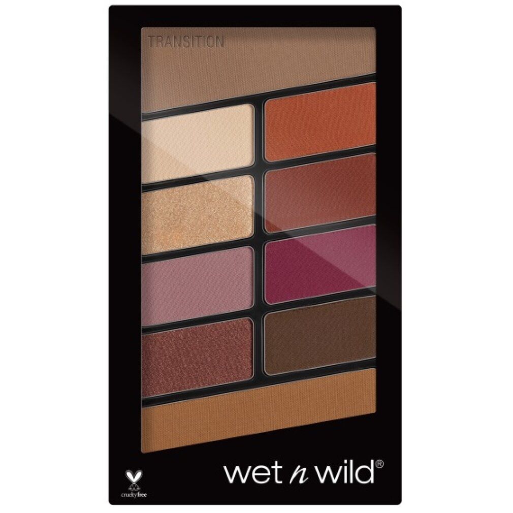 Lidschatten-Palette mit 10 Farbtönen. Schwarze Verpackung. Verschiedene Rosé- und Brauntöne. Aufschrift "Transition". Marke wet n wild.