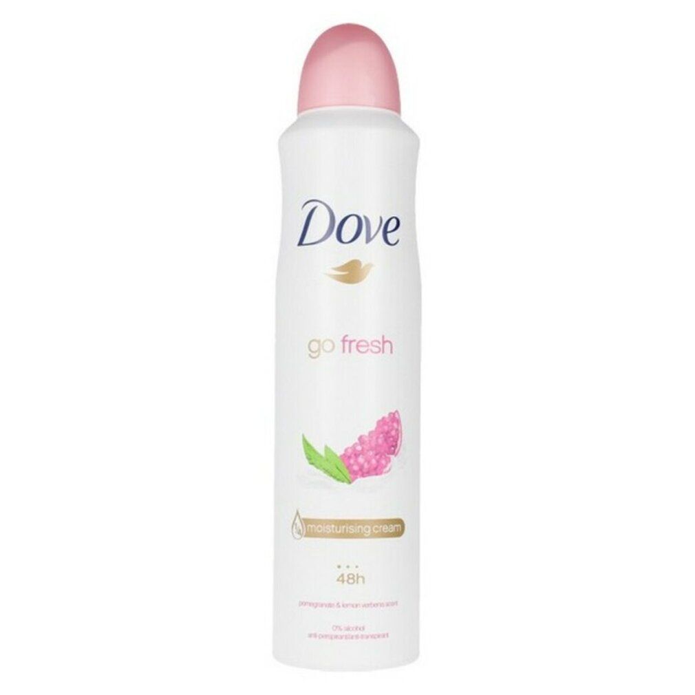 Weißes Deodorant mit rosa Kappe. Aufschrift Dove, go fresh und Abbildung einer Frucht. 48h Schutz.