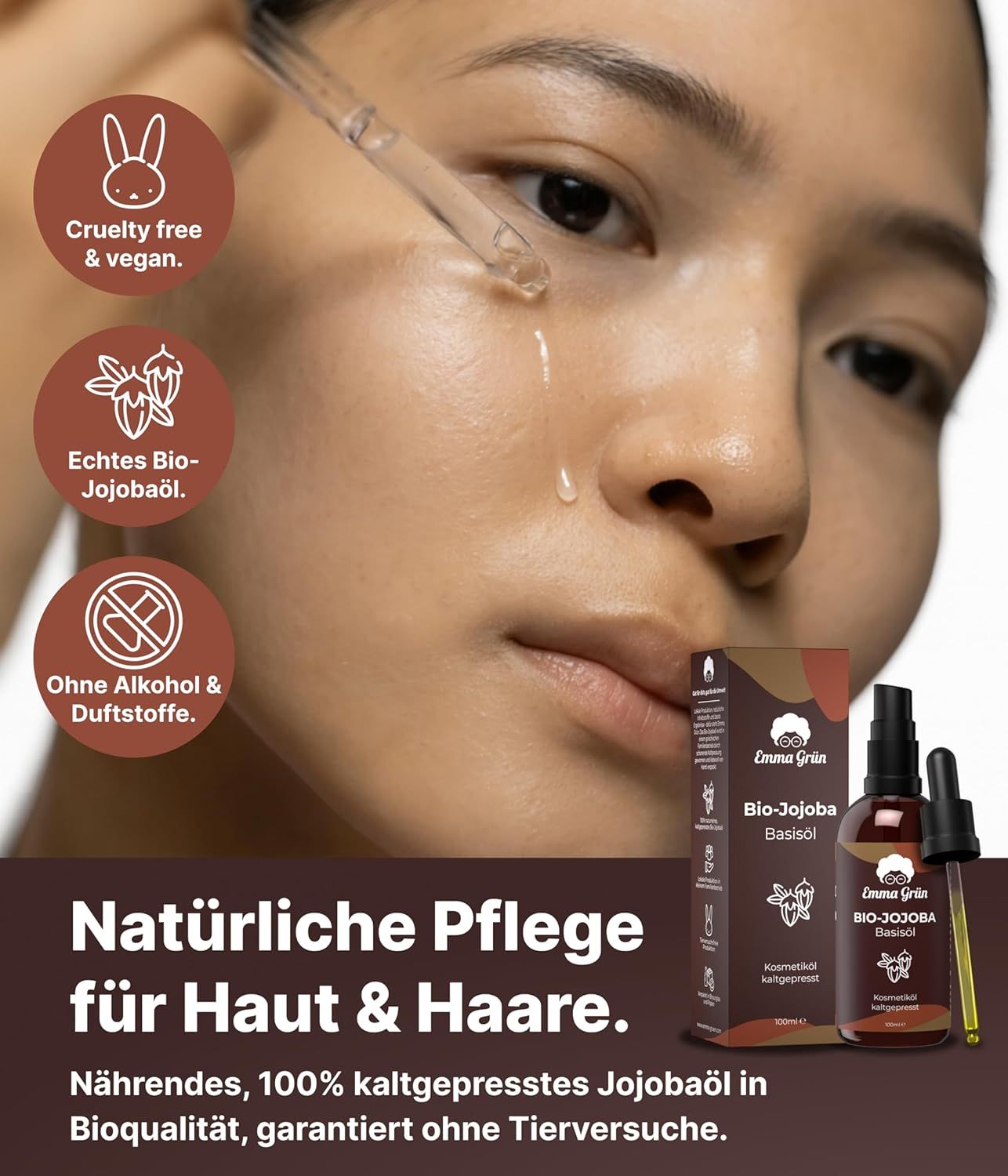 Frau mit Jojobaöl auf der Haut. Produktflasche und Pipette im Bild. Text: Natürliche Pflege für Haut & Haare.