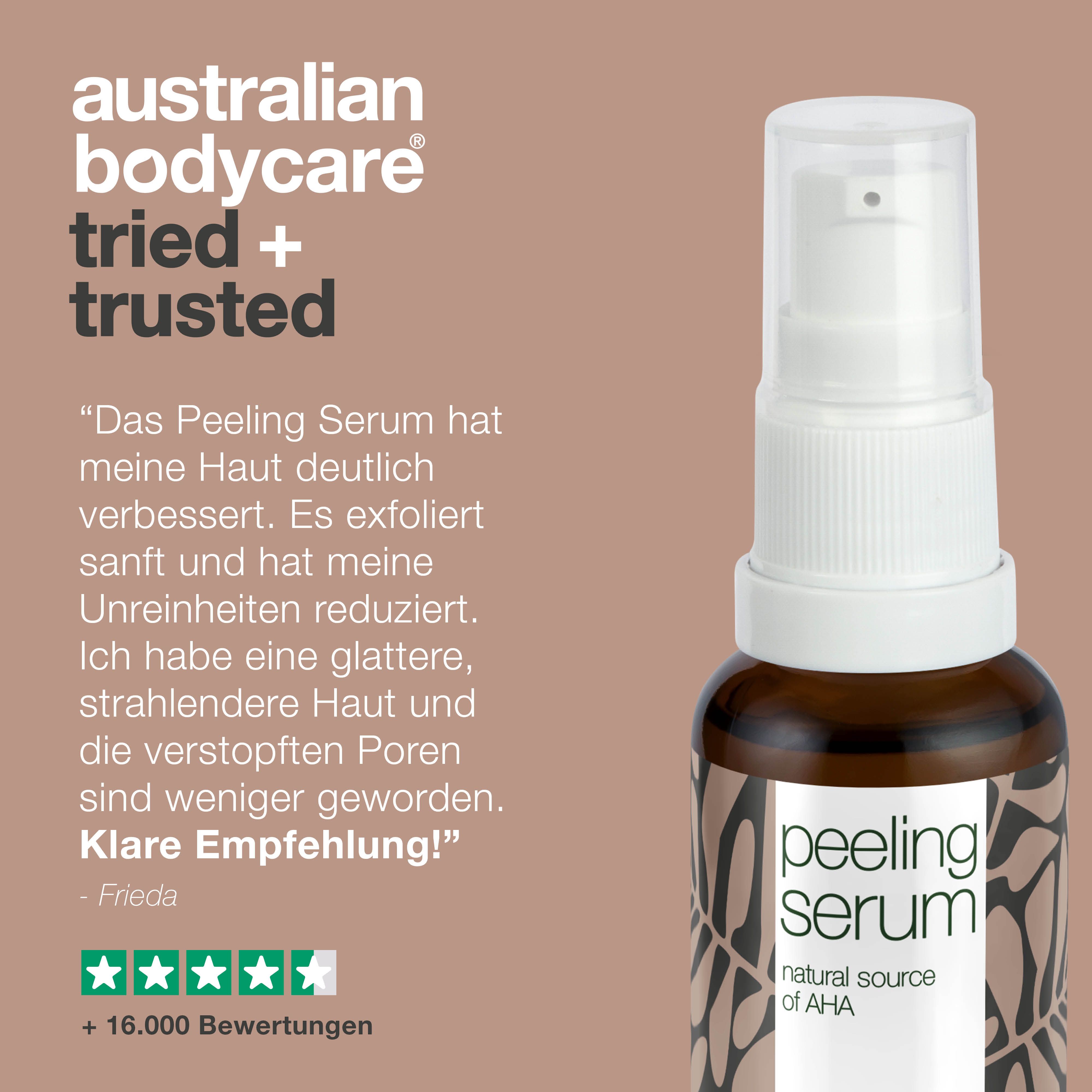 Flasche Peeling Serum. Zitat: "Das Peeling Serum hat meine Haut deutlich verbessert." Sterne-Bewertung.