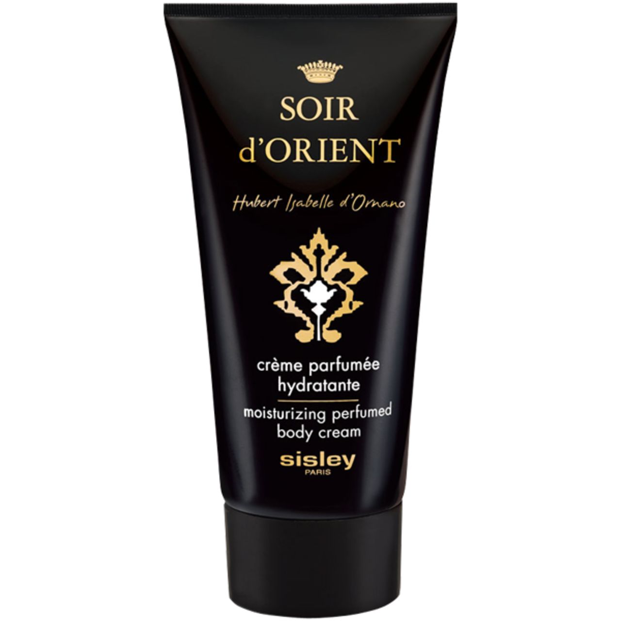 Schwarze Tube mit goldener Schrift. Soir d'Orient Crème Parfumée Hydratante Corps. Sisley Paris.