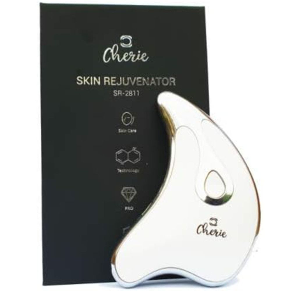 Silberfarbener Gesichtsmassager mit schwarzer Verpackung. Auf der Verpackung steht "Cherie Skin Rejuvenator".