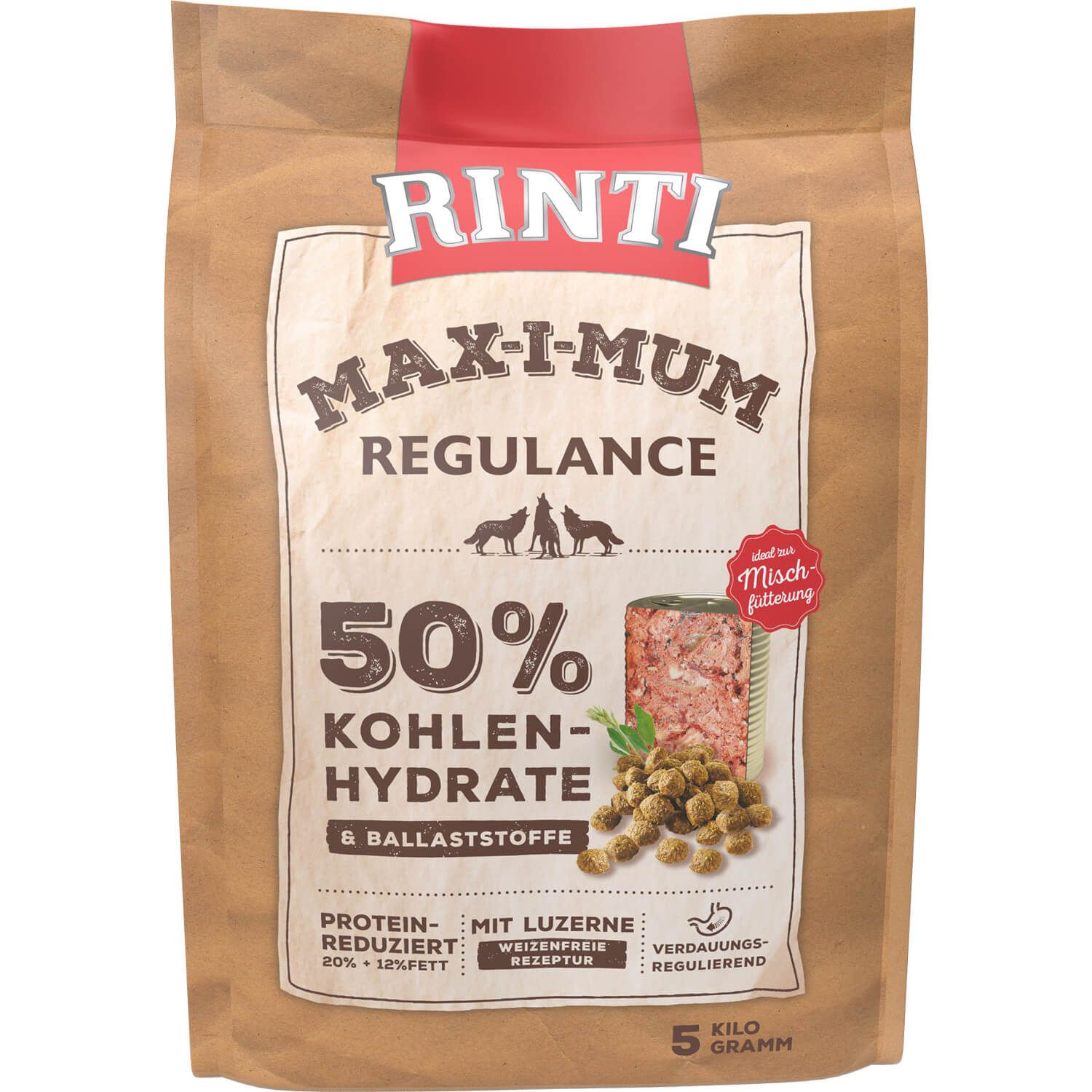Beutel mit Rinti Max-i-Mum Regulance. Aufdrucke: 50% Kohlenhydrate, proteinreduziert, weizenfreie Rezeptur, verdauungsregulierend. 5 Kilo.
