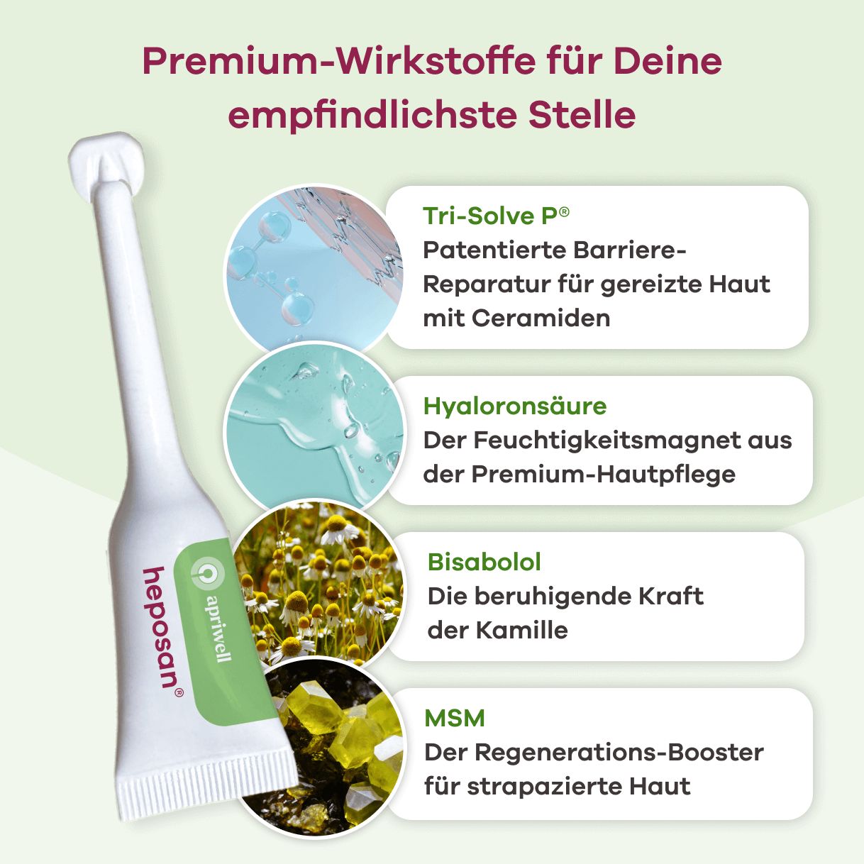 Grafik mit Inhaltsstoffen des Gels: Tri-Solve P, Hyaluronsäure, Bisabolol, MSM. Einzelne Tube mit grünem Aufdruck.