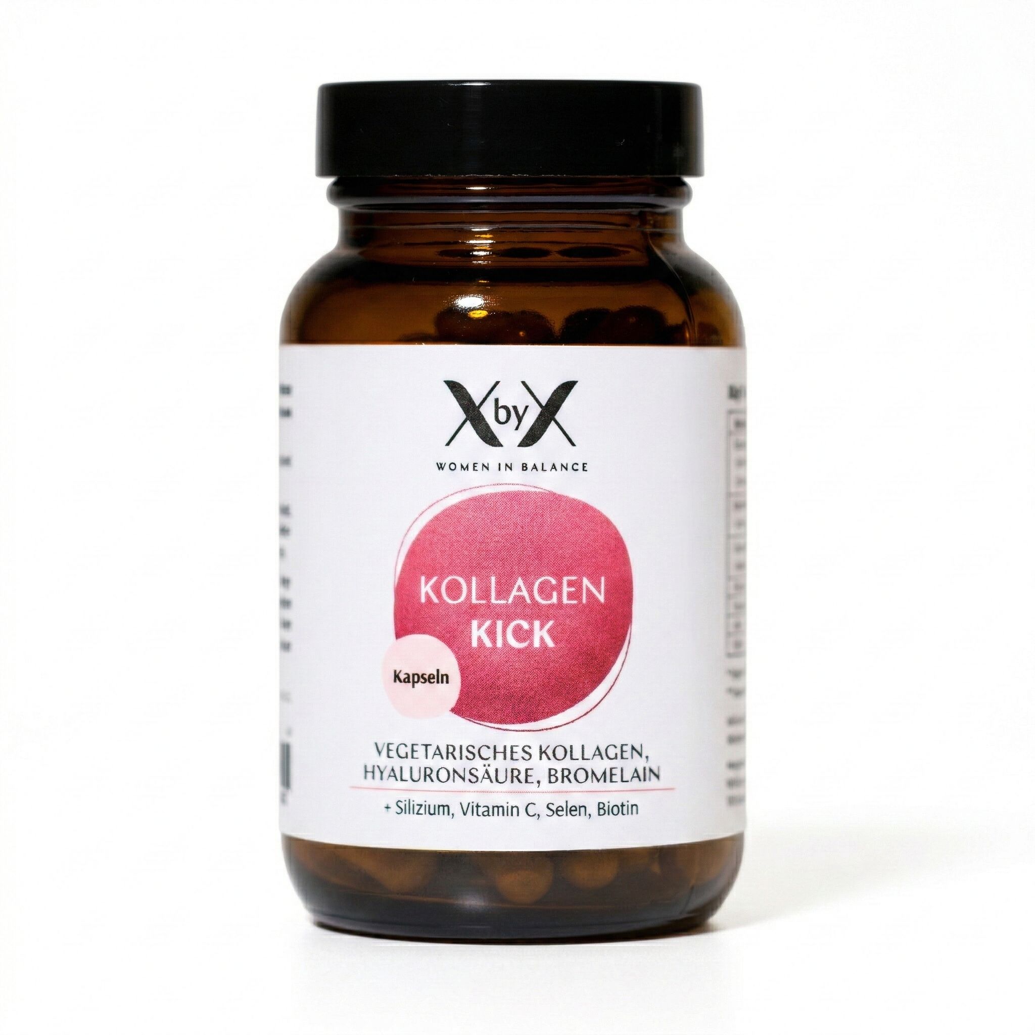 Braune Glasflasche mit Kapseln. Aufschrift: Kollagen Kick, vegetarisches Kollagen, Hyaluronsäure, Bromelain. Marke: XbyX® Women in Balance.