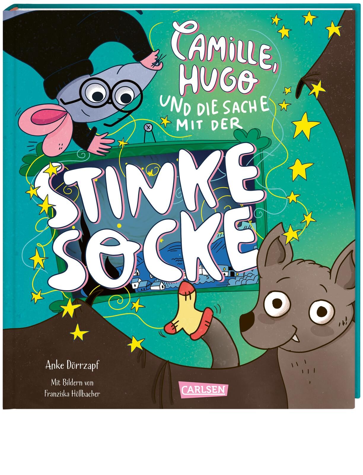 Buchcover mit Illustrationen. Titel: Camille, Hugo und die Sache mit der Stinkesocke. Autorin: Anke Dörrzapf. Verlag: Carlsen.