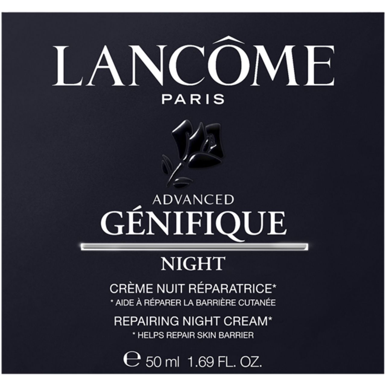 Dunkelblauer Hintergrund mit Aufschrift: Lancôme, Advanced Génifique Night, Crème Nuit Réparatrice, 50 ml.