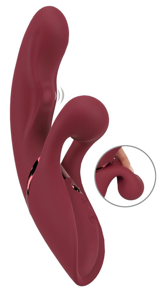 Weinroter Vibrator mit Klopf-Funktion. Ergonomische Form mit Detailansicht.