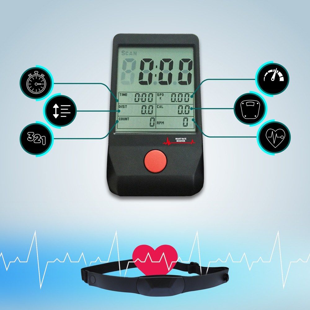 Digitales Display eines Rudergeräts mit Herzfrequenzmesser und Trainingsstatistiken.
