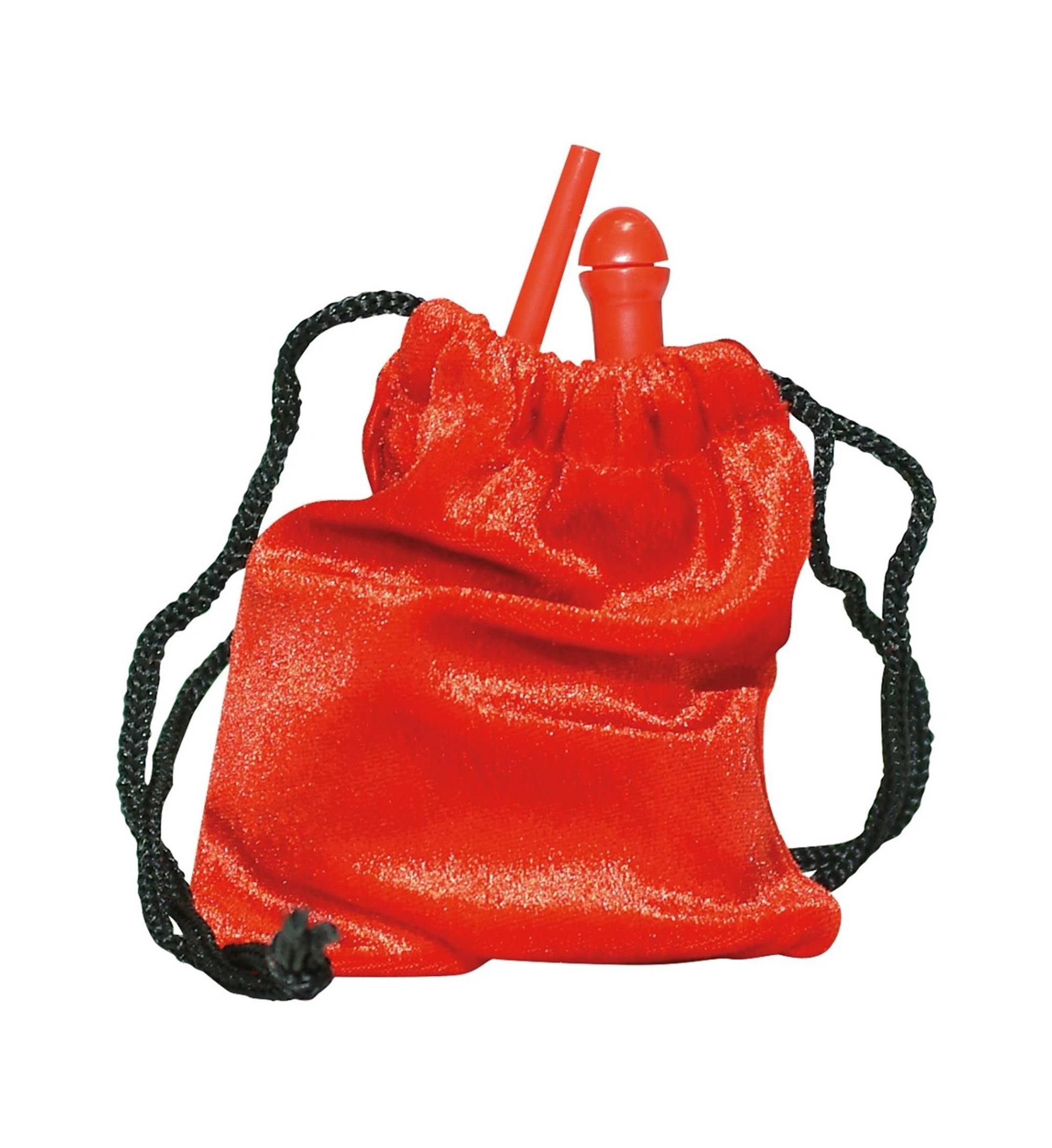 Roter Beutel mit schwarzem Kordelzug. Ein roter Applikator ragt aus dem Beutel heraus.