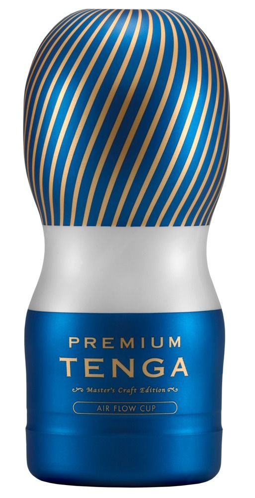 Blau-goldenes Wellness-Produkt mit diagonalen Streifen. Weißer Mittelteil. Aufschrift: PREMIUM TENGA, Air Flow Cup.