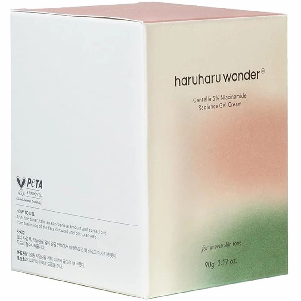 Karton mit Produkt. Aufschrift: haruharu wonder, Centella 5% Niacinamide Radiance Gel Cream. PETA-Logo. Gebrauchsanweisung.