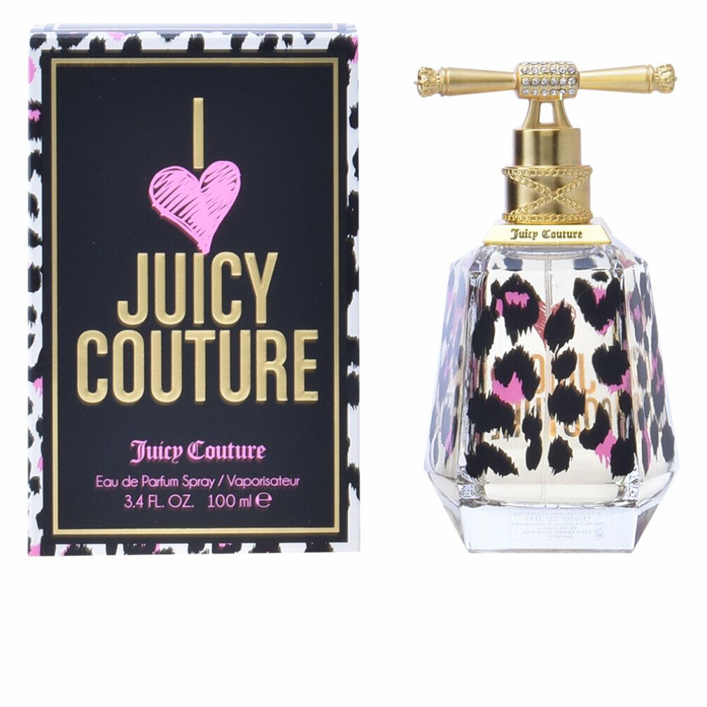 Juicy Couture Eau de Parfum Spray und Verpackung. Flakon mit Leopardenmuster, goldener Verschluss. Schwarze Verpackung mit Logo.