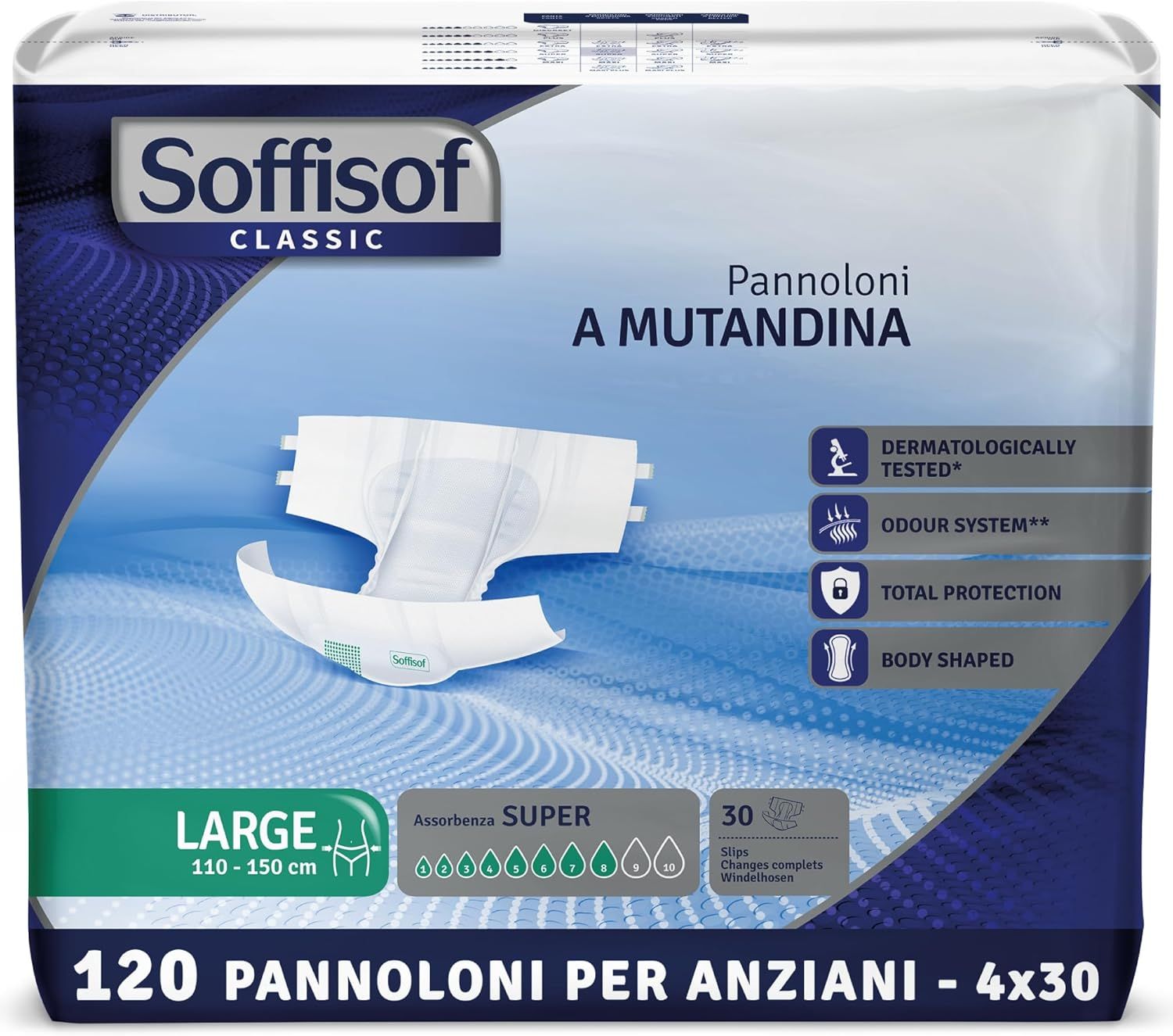 Soffisof Classic Windeln für Erwachsene Super, Packung. Größe Large, 110-150 cm. 120 Stück. Dermatologisch getestet, Geruchssystem, Total Protection.