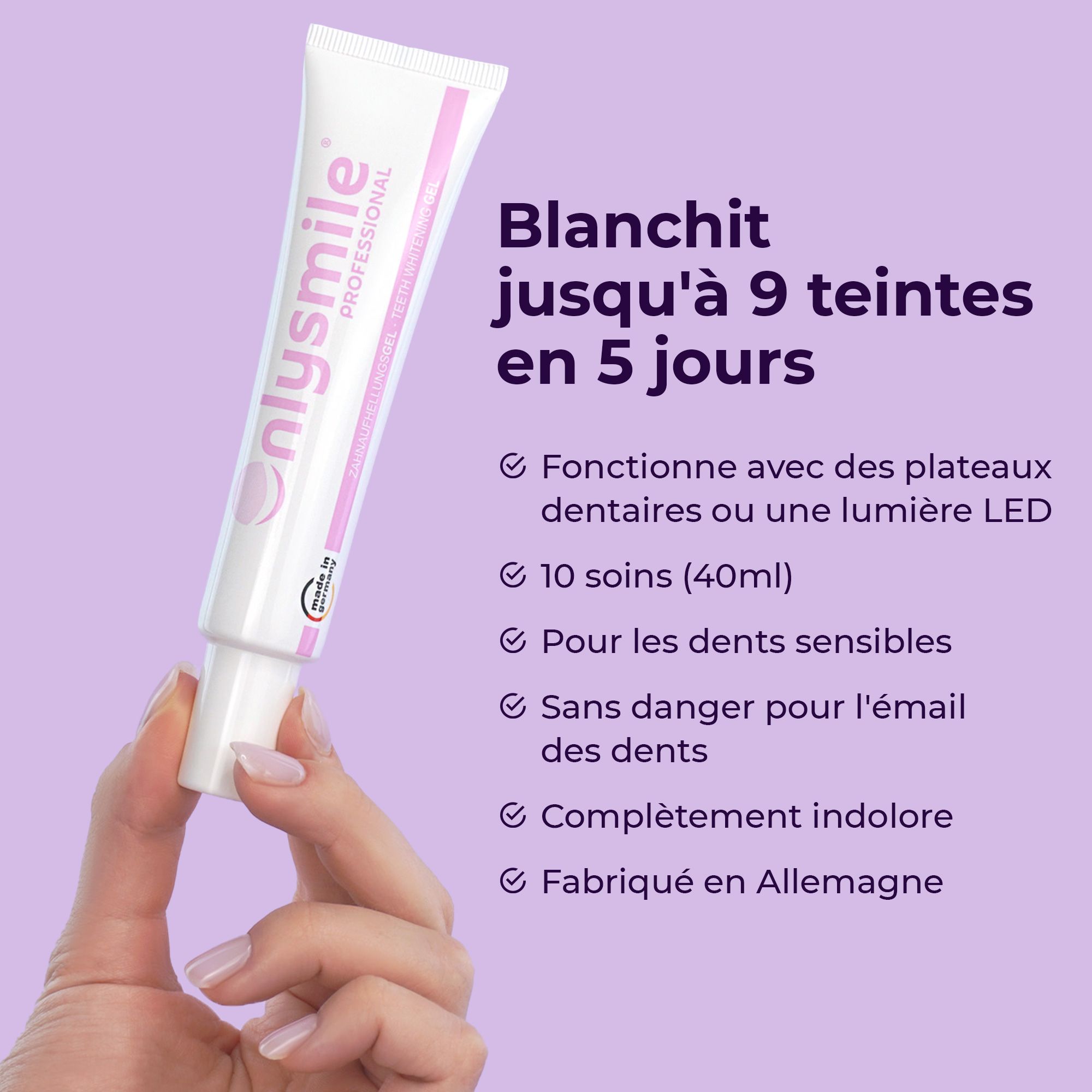 Tube de gel blanchissant. OnlySmile Professional. Jusqu'à 9 teintes en 5 jours. Fabriqué en Allemagne.