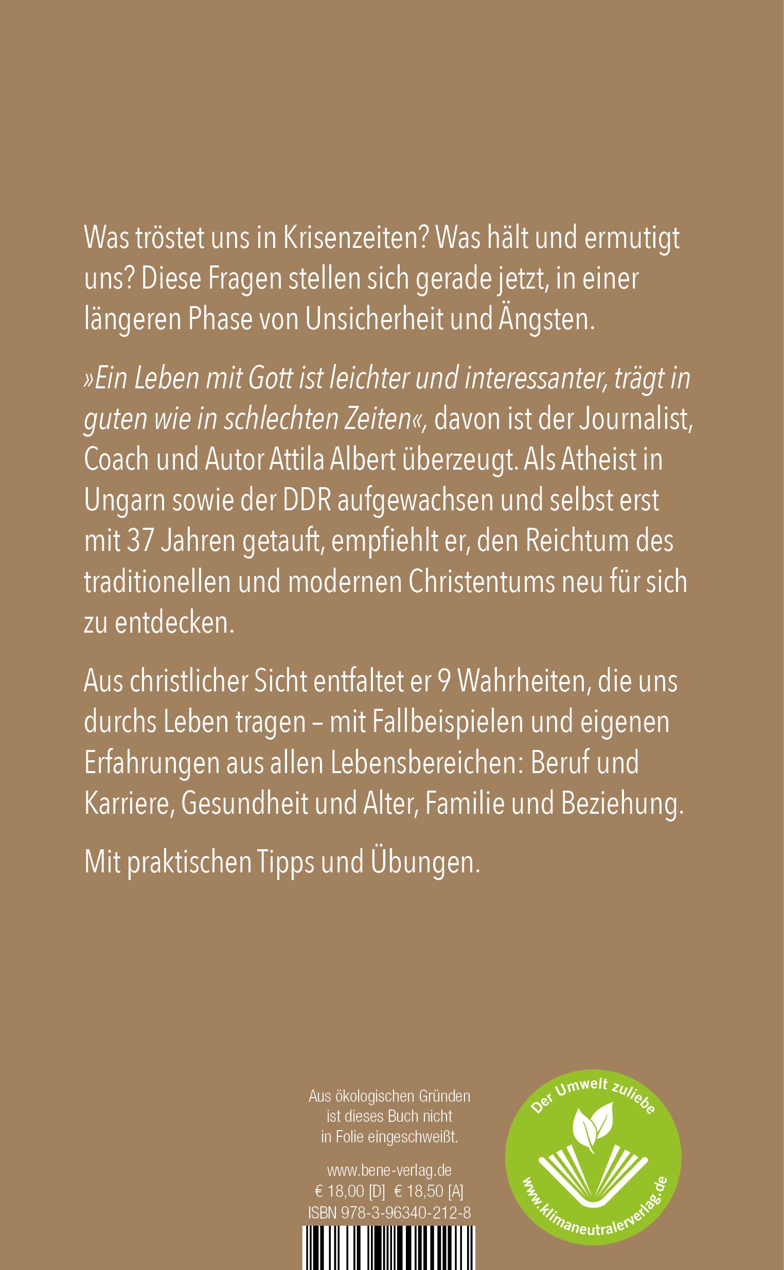 Buchrückseite mit Text. Titel: "9 Wahrheiten, die uns durchs Leben tragen". Grünes Logo: "Der Umwelt zuliebe".