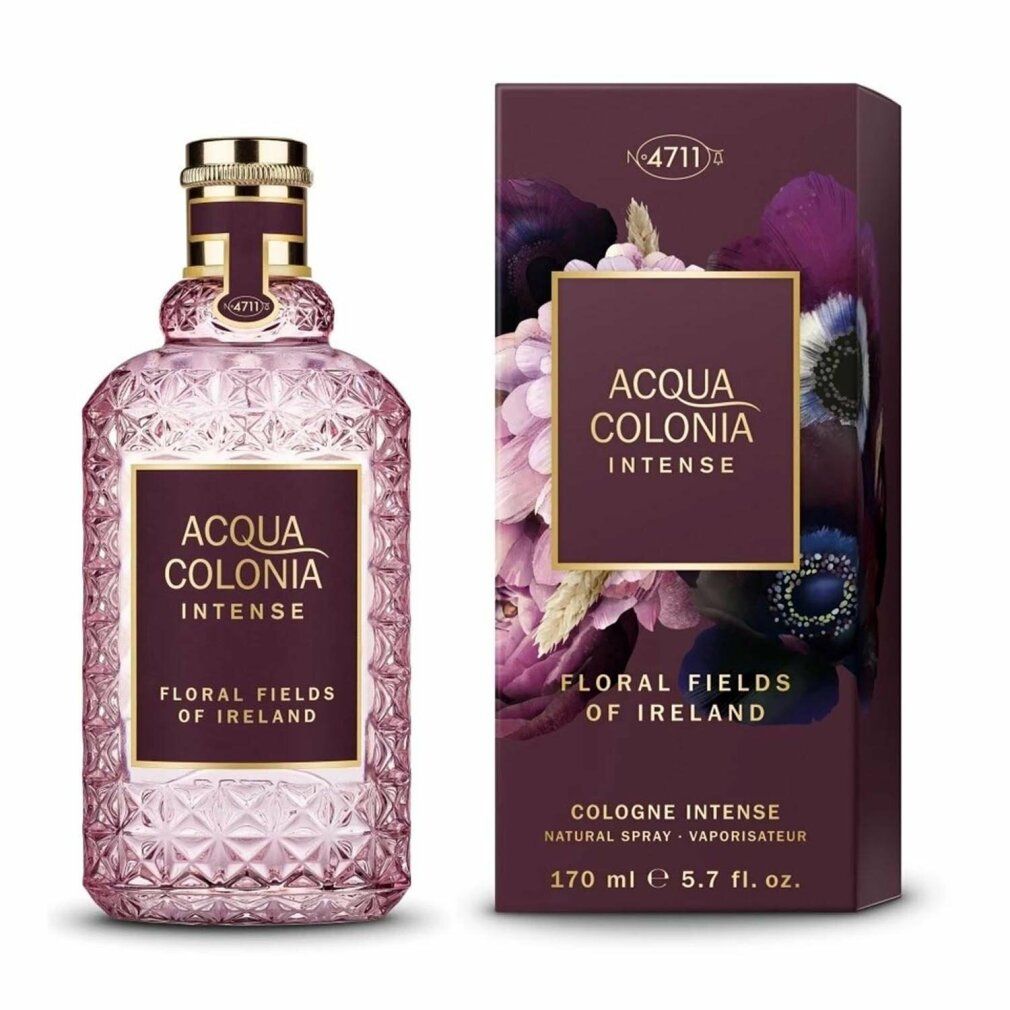 Flakon und Verpackung von Acqua Colonia Intense Floral Fields of Ireland. Flakon rosa, Verpackung dunkelviolett mit Blumen.