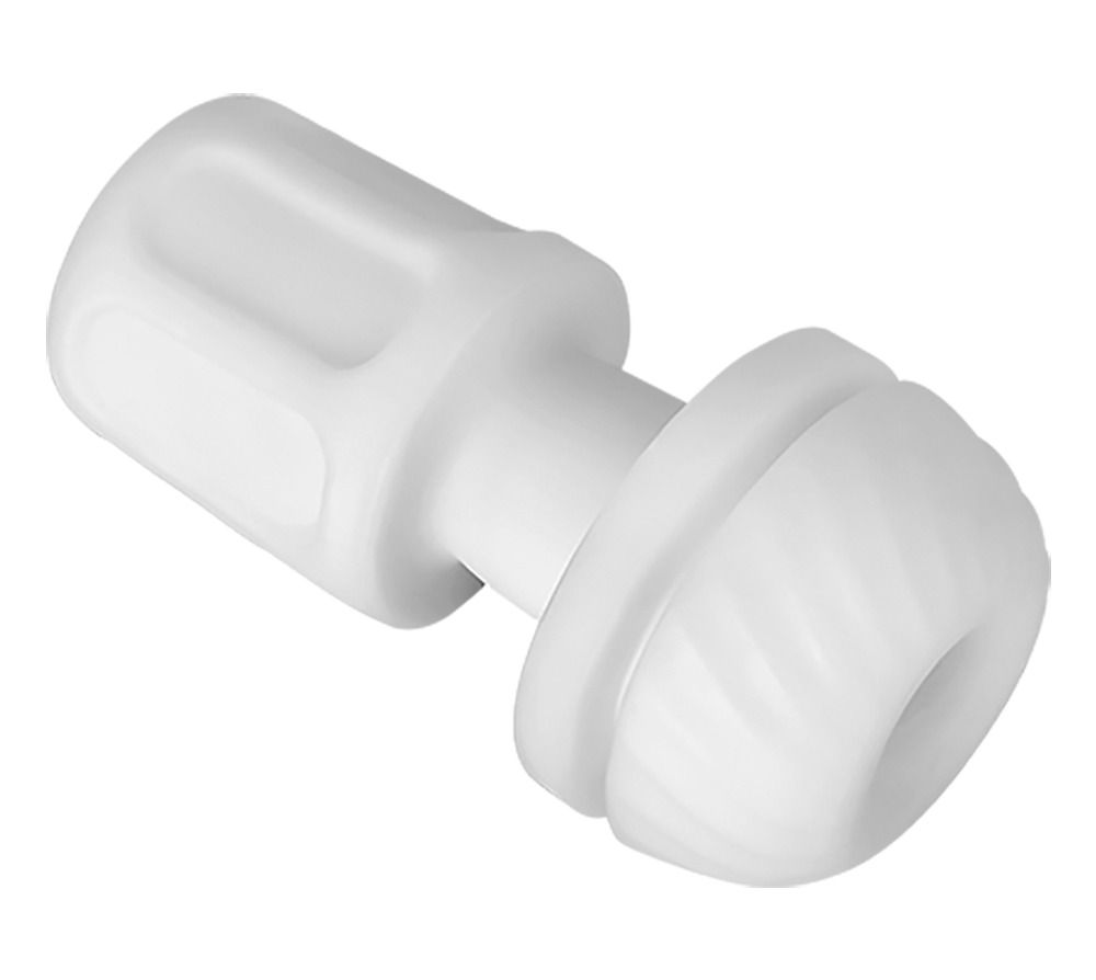 Weißes, zylindrisches Produkt mit geriffelter Oberfläche und Griff. Ein Ende ist abgerundet.