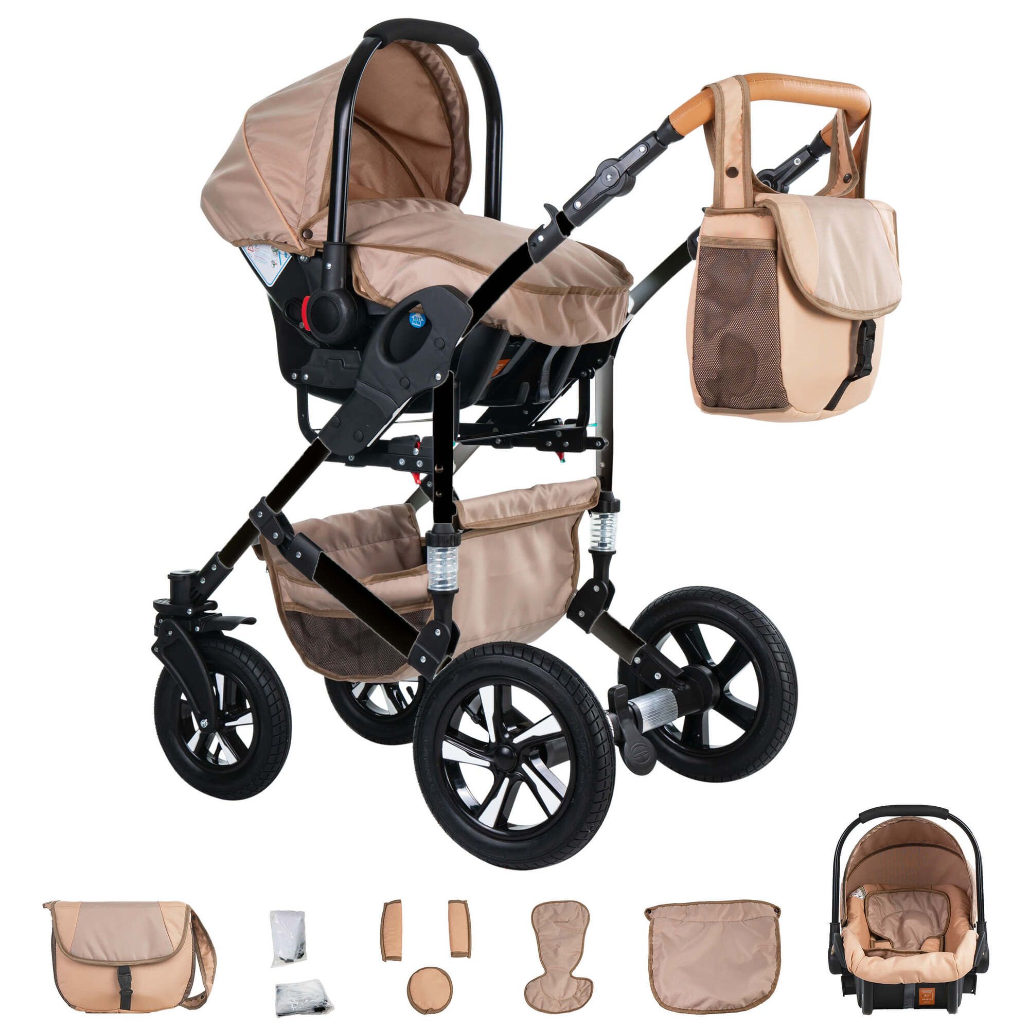 Friedrich Hugo Münster 3 in 1 Kinderwagen Set Luftreifen, Beige & Oatmeal