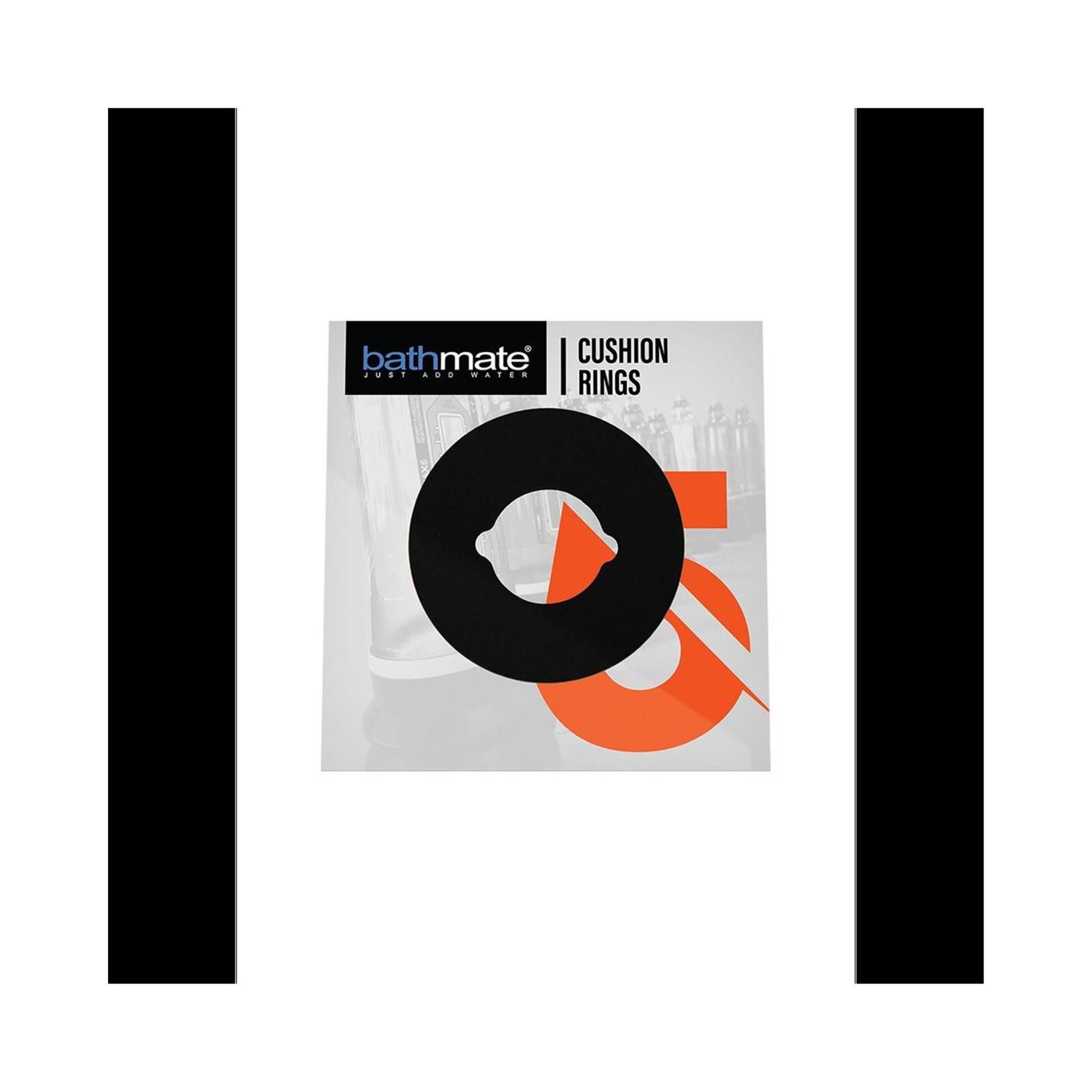 Schwarzer Ring mit Loch und Aussparungen. Aufschrift "bathmate" und "CUSHION RINGS". Orangefarbene "5".