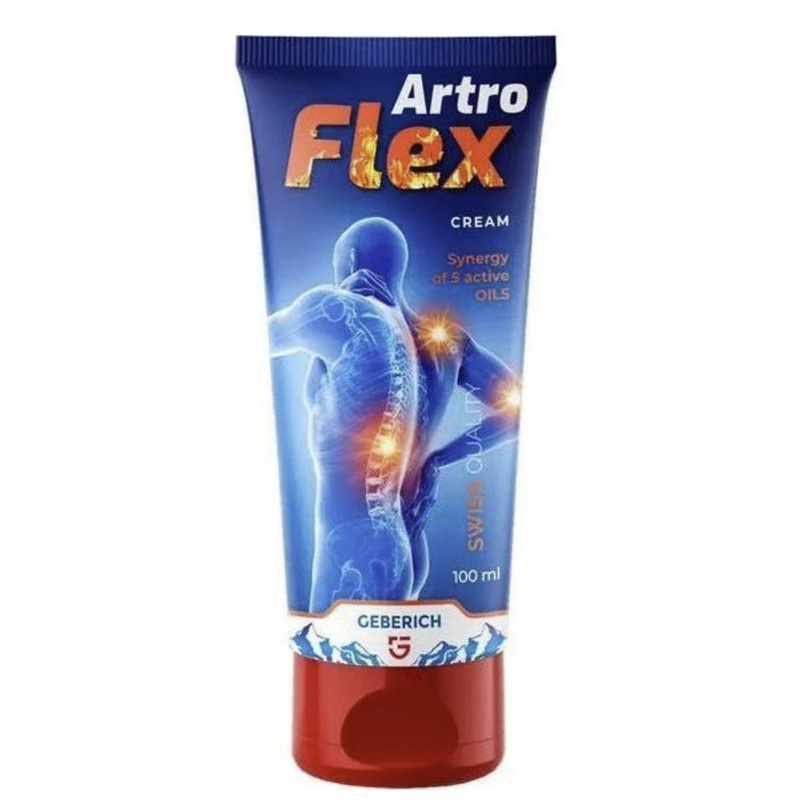 Blau-rote Tube mit Produktnamen. Abbildung eines menschlichen Rückens mit Schmerzpunkten. Text: Swiss Quality, 100 ml.