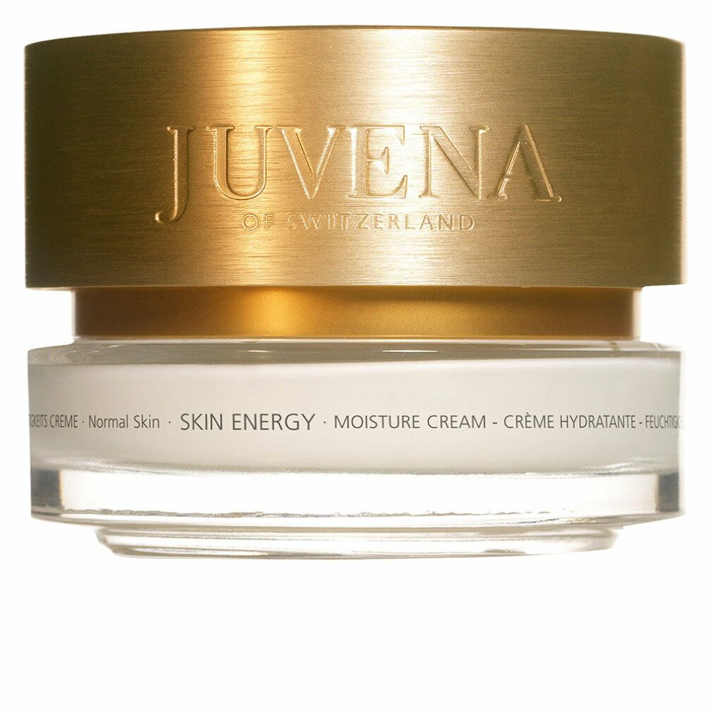 Creme-Tiegel mit goldfarbenem Deckel. Aufschrift: JUVENA OF SWITZERLAND. Text: SKIN ENERGY MOISTURE CREAM. Für normale Haut.