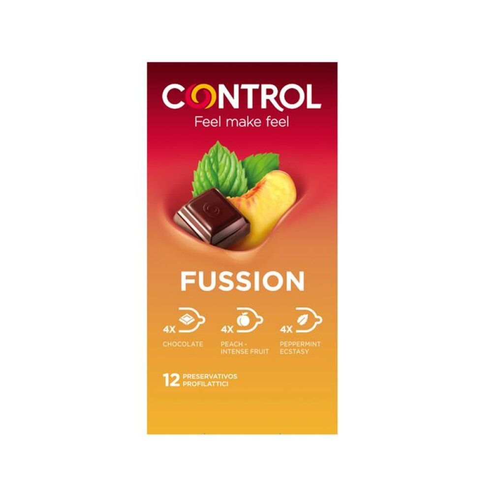 Packung Control Fussion Kondome mit Erdbeer-, Pfirsich- und Schokoladenduft. 12 Stück.
