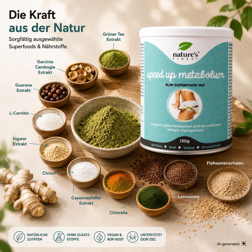 Nature's Finest Speed Up Metabolism Dose umgeben von Superfood-Zutaten wie Ingwer, Guarana und Chlorella. Natürliche Inhaltsstoffe, vegan, Rohkost.