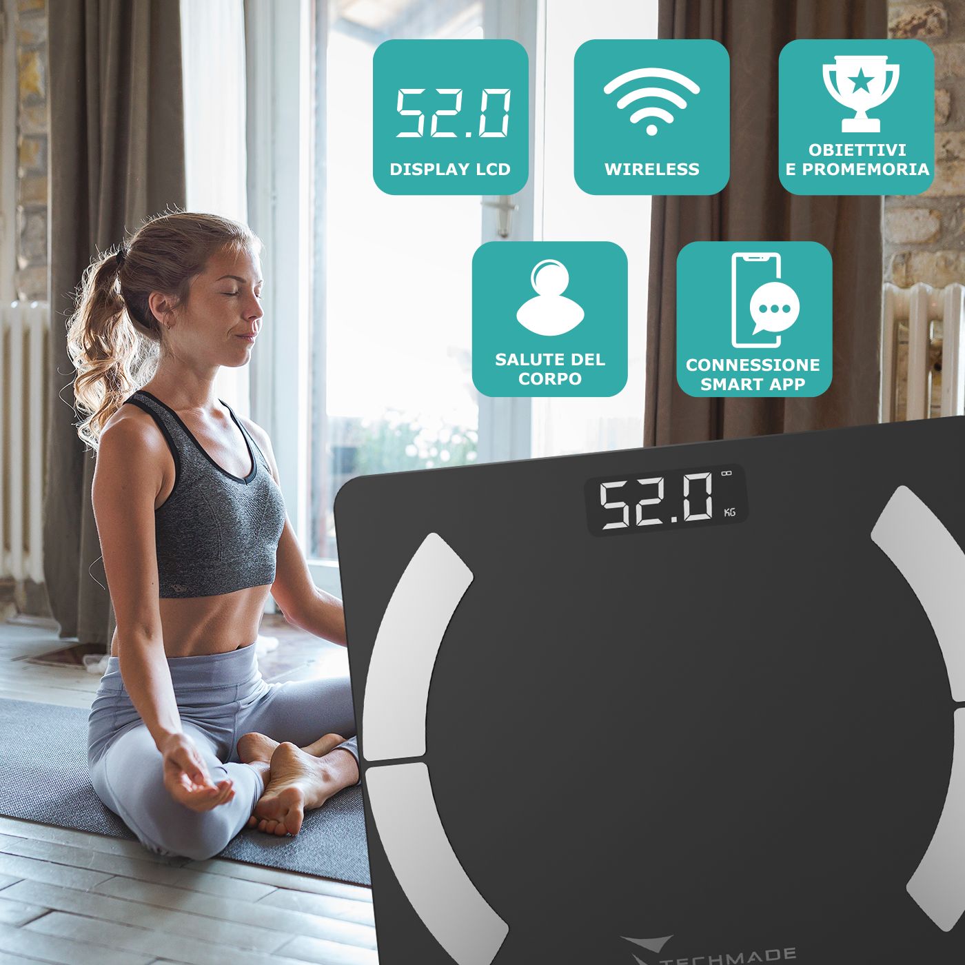 Bilancia digitale nera con display 52.0. Icone per display, wireless, obiettivi, salute del corpo, app smart.