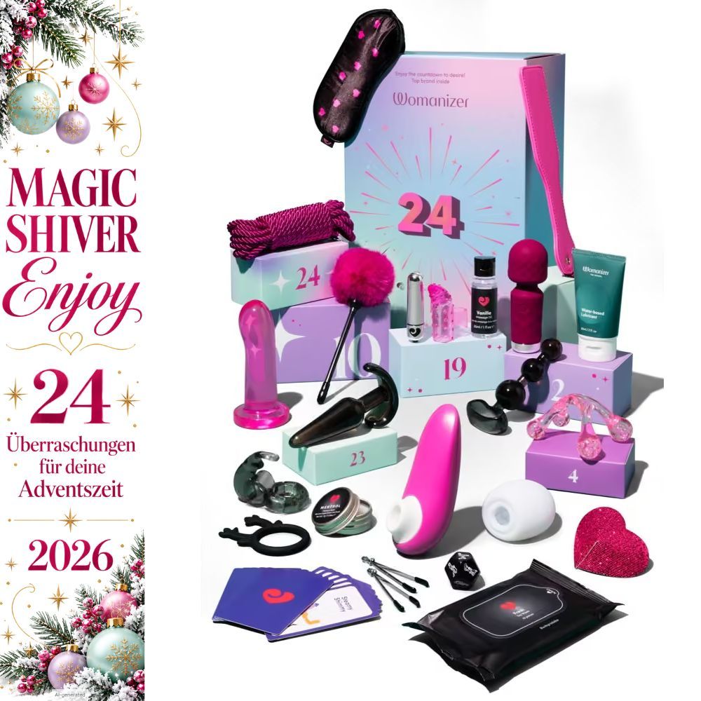 Ein Paar kuschelt vor einem geöffneten Adventskalender mit 24 nummerierten Schachteln.