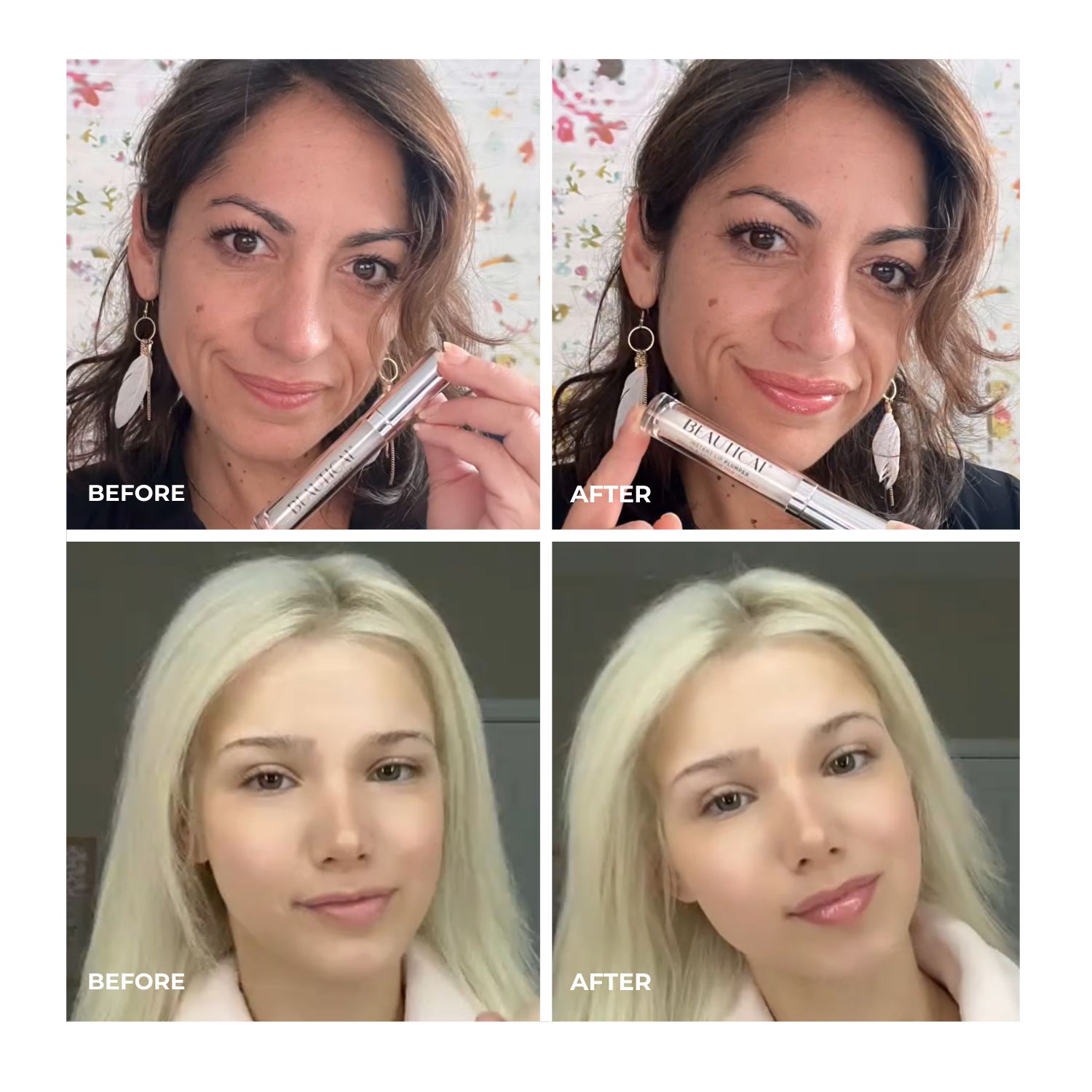 Vorher-Nachher-Vergleich. Zwei Frauen. BEAUTICAL Instant Lip Plumper. Lippenstift-Applikator.