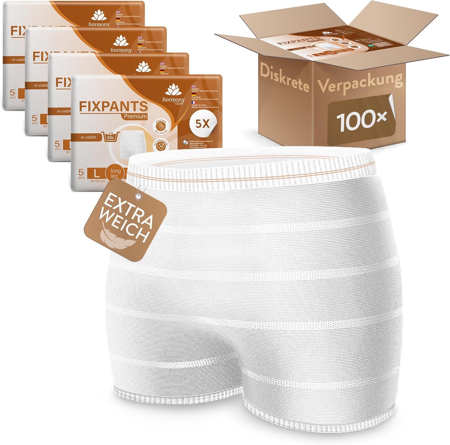 Fixpants Premium Netzhosen, 5x 5 Stück Packung und Karton mit 100 Stück.